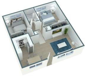 A 3D image of a modern apartment layout.