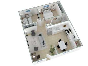 A 3D floor plan of a house with multiple rooms and furniture.
