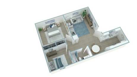 A 3D floor plan of a house with a swimming pool.