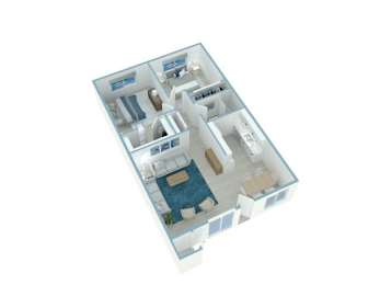 A 3D model of a house with a blue pool.