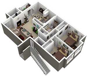 A 3D floor plan of a house with multiple rooms.
