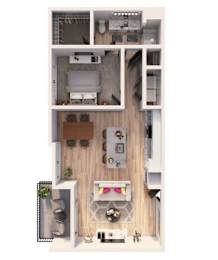 A top-down view of a small apartment with a kitchen, living room, and bedroom.