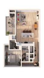 A top down view of a small apartment with a kitchen, living room, and bedroom.
