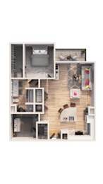 A floor plan of a house with a kitchen, living room, and two bedrooms.