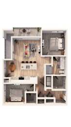 A top-down view of a small apartment with a kitchen, living room, and bedroom.