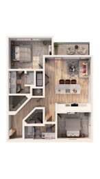 A floor plan of a house with a kitchen, living room, and two bedrooms.