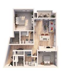 A 3D floor plan of a small apartment with a kitchen, living room, and bedroom.