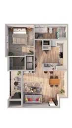 A floor plan of a small apartment with a kitchen, living room, and bathroom.