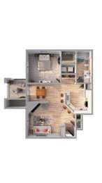 A floor plan of a two-story apartment with a kitchen, living room, and bedrooms.