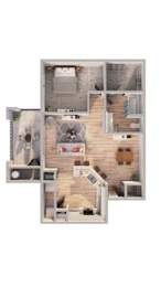 A 3D floor plan of a house with a kitchen, living room, and two bedrooms.