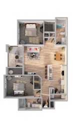 A 3D floor plan of a house with a kitchen, living room, and two bedrooms.