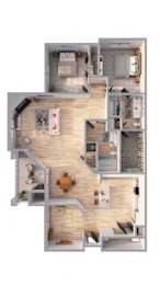 A 3D floor plan of a house with a kitchen, living room, and two bedrooms.