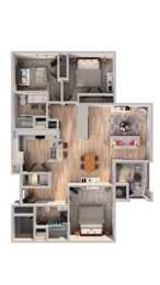 A dollhouse with a kitchen, living room, and bedroom.