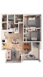 A floor plan of a house with a kitchen, living room, and bathroom.