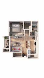 A dollhouse with a kitchen, living room, and bedroom.