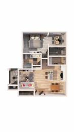 A dollhouse with a kitchen, living room, and bedroom.