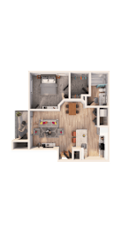 A dollhouse with a kitchen, living room, and bedrooms.