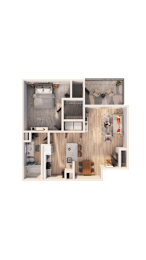A dollhouse with a kitchen, living room, and bedrooms.