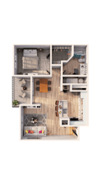 A dollhouse with a kitchen, living room, and bedrooms.
