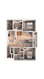 A floor plan of a house with a kitchen, living room, and two bedrooms.