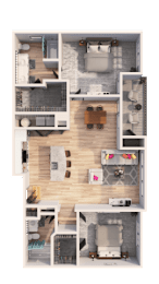 A top-down view of a house layout with a kitchen, living room, and bedrooms.