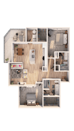 A floor plan of a small apartment with a kitchen, living room, and bathroom.