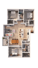 A top down view of a house layout with a kitchen, living room, and bedrooms.