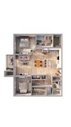 A top-down view of a house with a kitchen, living room, and bedrooms.