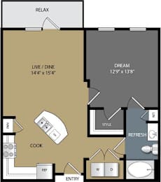 A floor plan of a house with a living room, dining room, kitchen, and bathrooms.
