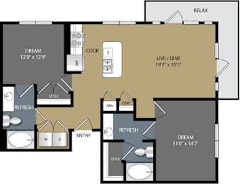 A floor plan of a house with a living room, dining room, kitchen, and two bedrooms.