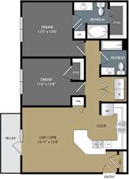 A floor plan of a two-bedroom apartment with a living room, kitchen, and two bedrooms.