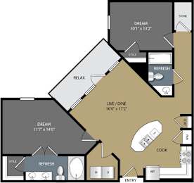 A floor plan of a house with labeled rooms such as RELAX, REFRESH, and COOK.