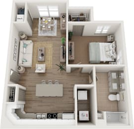 A 3D floor plan of a small apartment with a kitchen, living room, and bedroom.
