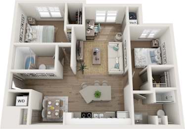 A 3D floor plan of a house layout.