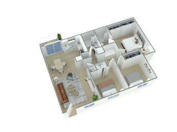 A 3D floor plan of a house with multiple rooms and furniture.