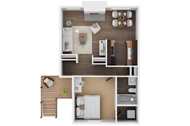 A top-down view of a small apartment with a bedroom, living room, and kitchen.