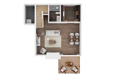A top-down view of a living room with a couch, coffee table, and kitchen area.