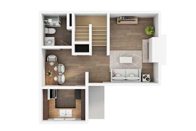 A top-down view of a small apartment with a kitchen, living room, and bedroom.