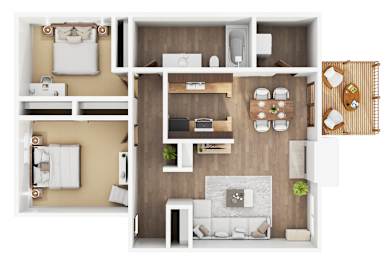A top-down view of a modern apartment layout with a living room, kitchen, and two bedrooms.