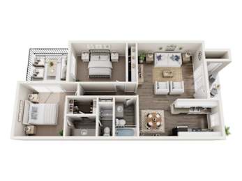 A top-down view of a house layout with a living room, kitchen, and bedrooms.