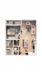 A dollhouse with a kitchen, living room, and dining area.