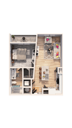 A top-down view of a small apartment with a kitchen, living room, and bathroom.