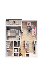 A dollhouse with a kitchen, living room, and bathroom.