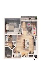 A floor plan of a two-bedroom apartment with a living room, kitchen, and bathroom.