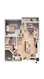 A dollhouse with a kitchen, living room, and bedrooms.