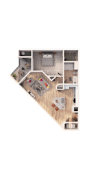 A floor plan of a house with a kitchen, living room, and two bedrooms.