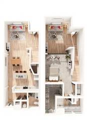 A dollhouse with a kitchen and living room.