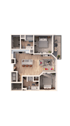 A floor plan of a house with a kitchen, living room, and two bedrooms.