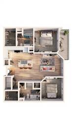 A top-down view of a small apartment with a kitchen, living room, and bathroom.