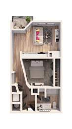 A dollhouse with a white and wood interior and a balcony.